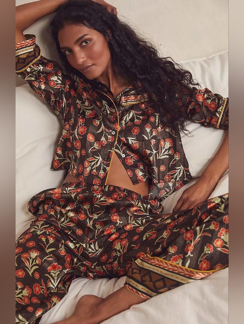 Silky Floral Pajama Set - Black with Red Floral Print